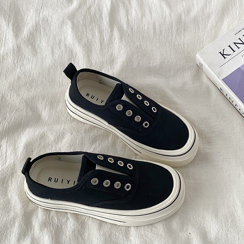 喜叔黑色厚底一脚蹬帆布鞋女2025新款夏季薄款透气板鞋懒人休闲鞋