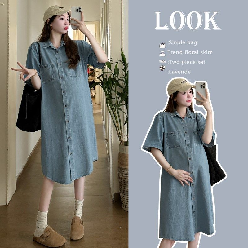 韩版大码孕妇夏季衬衫裙短袖连衣裙时尚宽松显瘦中长款翻领牛仔裙