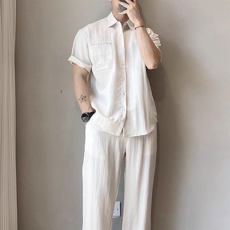 美式棉麻短袖衬衫套装男薄款透气防晒开衫亚麻休闲工装长裤两件套