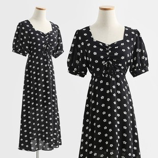 初恋碎花连衣裙女夏季2022新款法式方领泡泡袖雪纺长裙小个子裙子