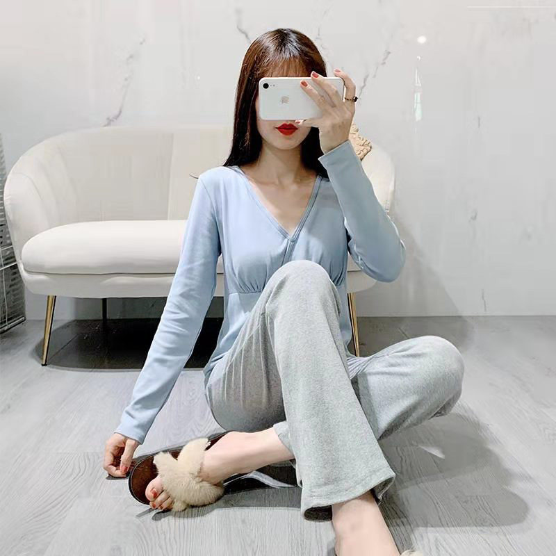 纯棉哺乳睡衣套装秋冬产后带胸垫喂奶孕妇长袖长裤加厚保暖月子服