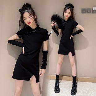 女童复古国风旗袍2023夏季新款长袖套裙子黑色紧身开叉包臀短裙潮