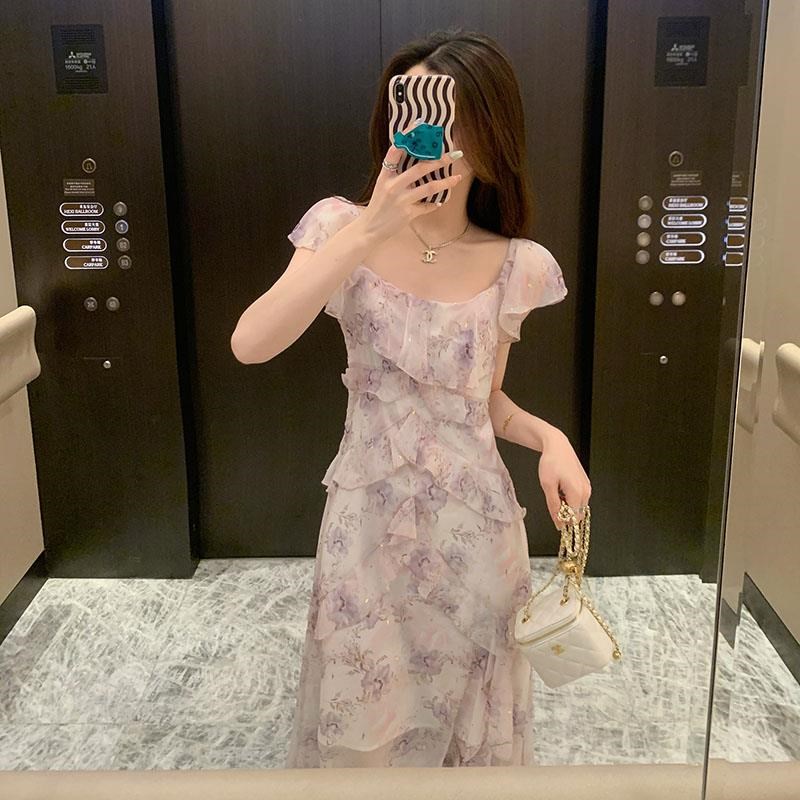 法式碎花连衣裙夏季女装2024年新款小众设计感收腰显瘦不规则长裙