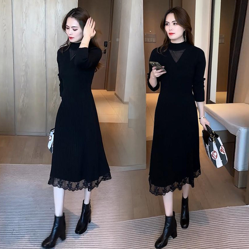 蕾丝针织连衣裙女秋冬季2024新款中长款过膝黑色修身显瘦打底裙子