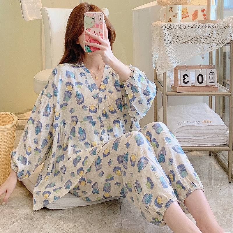 棉绸睡衣女夏七分袖春秋长袖绵绸家居服人造棉套装薄款小个子网红