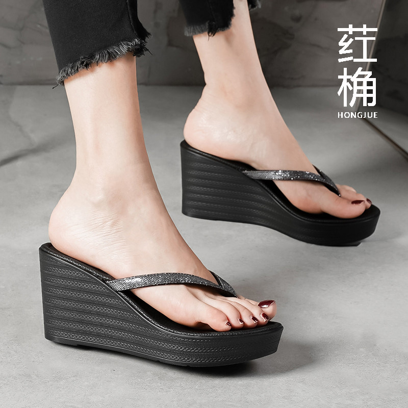 简约夏季新款防水台夹趾坡跟厚底凉拖女亮片夹脚松糕跟人字拖鞋