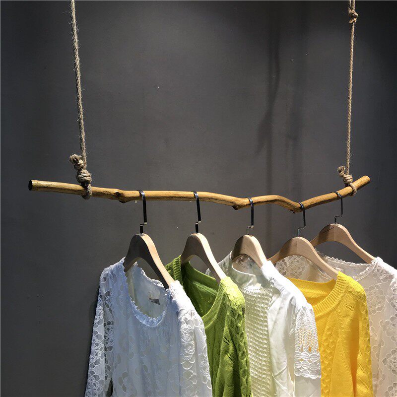 服装店树枝展示架上墙服装架侧挂橱窗复古麻绳木棍吊架吊挂吊环