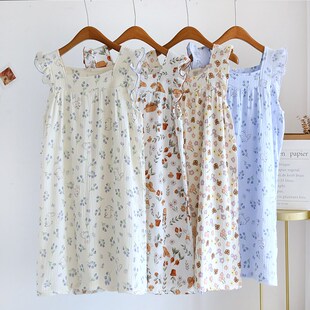 方领套头吊带睡裙女夏纯棉纱布无袖中长款甜美宽松休闲家居服睡衣