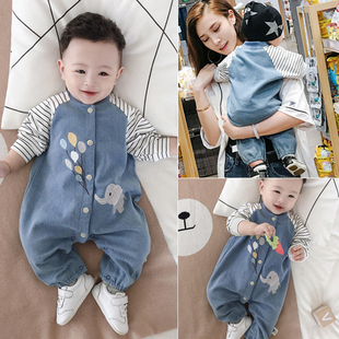 12个月男宝宝软牛仔连体衣春季 婴儿春秋款 女哈衣爬服外出服
