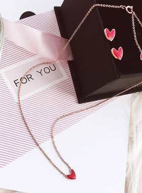 包邮韩国进口红色爱心项链耳钉钛钢不掉色镀18K玫瑰金心形饰品女