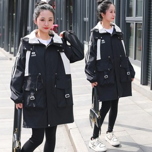 减龄洋气宽松显瘦连帽风衣外套女200斤 中长款 胖mm大码 2024春秋装