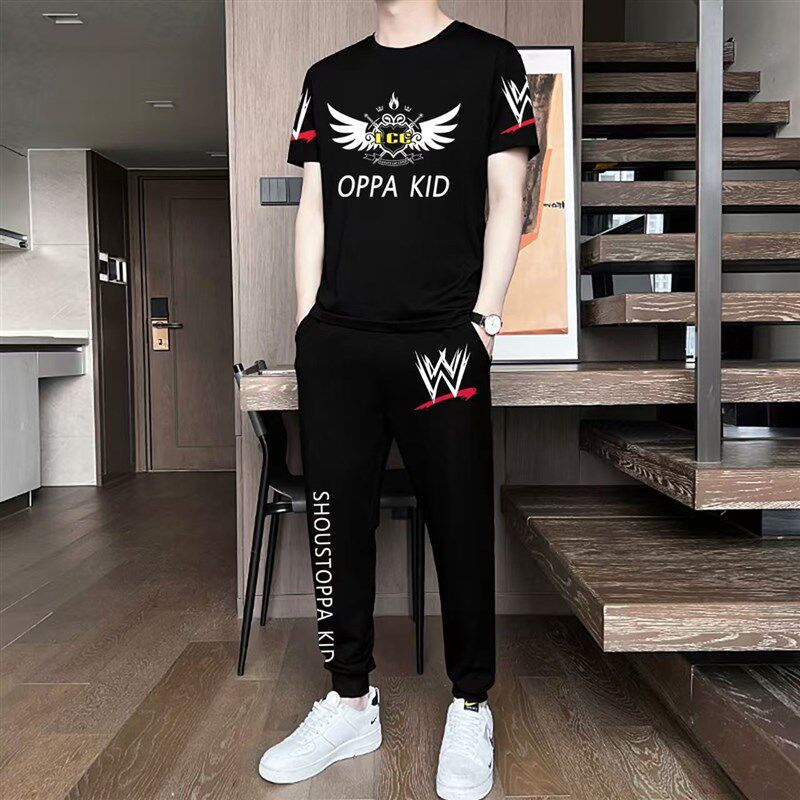 2025年男士夏季休闲短袖长裤运动套装潮流时尚帅气两件套夏装潮