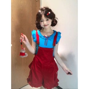 上衣女搭配红色抱婴 4吋套筒扳手袖 夏季 甜美少女穿搭蓝色木耳边1