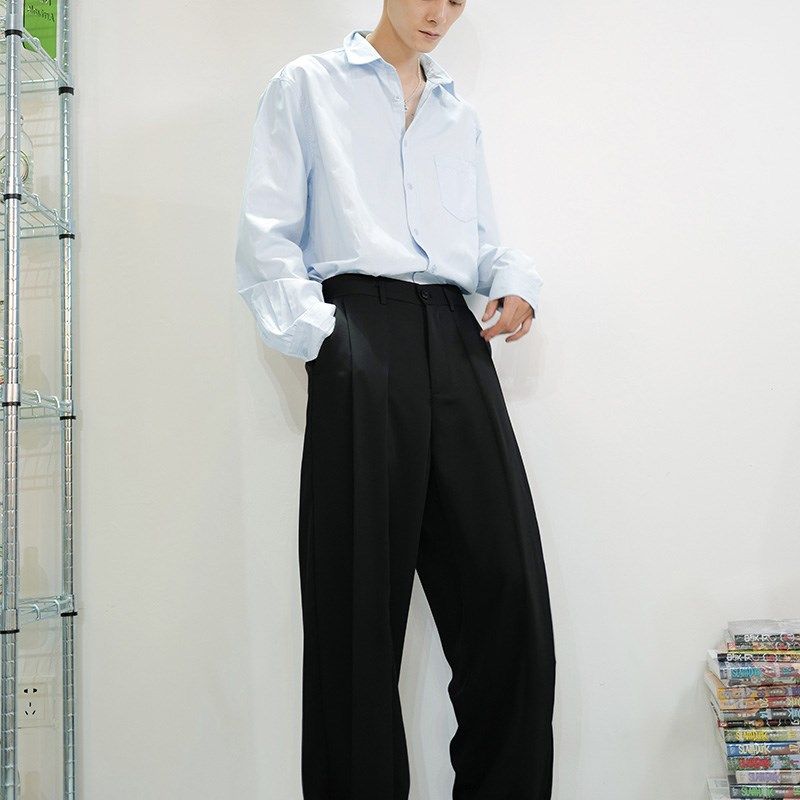 190高个子加长韩版设计感纯色西装裤男春季垂感休闲宽松直筒西裤