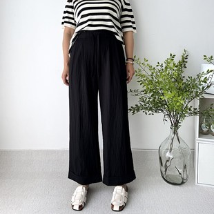 薄款 女2025夏季 松紧腰窄版 阔腿裤 子胖mm 大码 梨型显瘦裤 卷边直筒裤