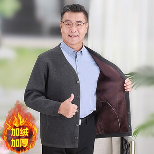 爸爸装加绒加厚针织开衫毛衣中老年士冬装棉衣外套保暖大码V领