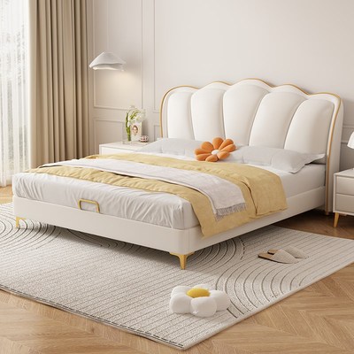 法式奶油风花瓣真皮床现代简约轻奢主卧室双人床高端大气软包婚床