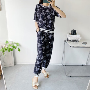 薄款 棉绸休闲外穿套装 大尺码 短袖 妈妈人造棉家居服两 女款 时尚 夏季