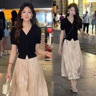 两件套裤 短袖 裙显瘦时尚 套装 2024冰丝气质女潮开衫 流光针织纱夏季