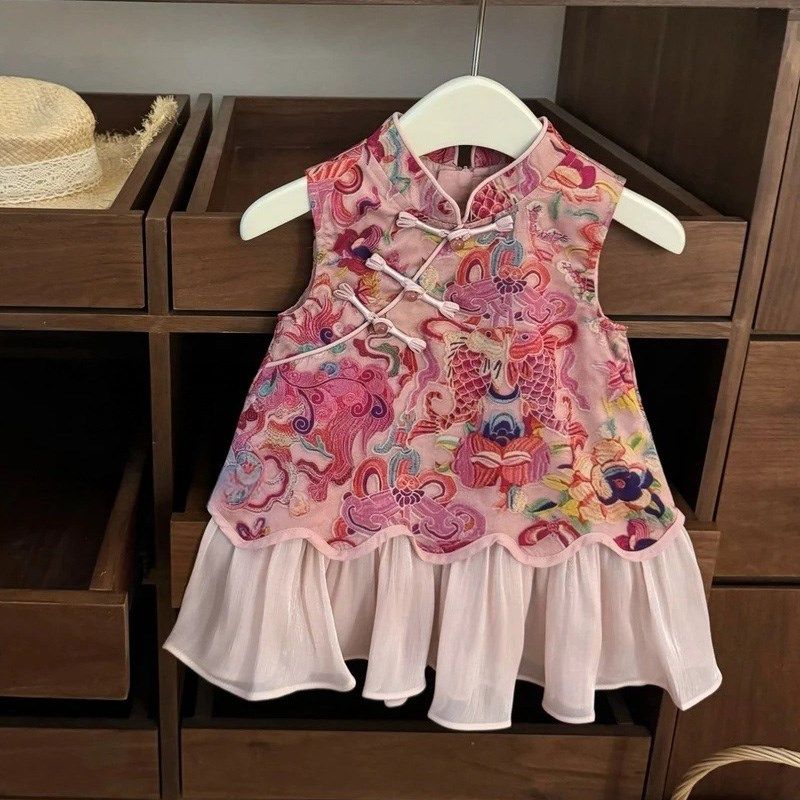 女童连衣裙夏季薄款女宝宝新中式国风旗袍背心鱼尾裙周岁礼服裙子