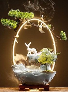 时来运转流水摆件新中式招发财流水假山喷泉瓷摆陶件创意水车光家