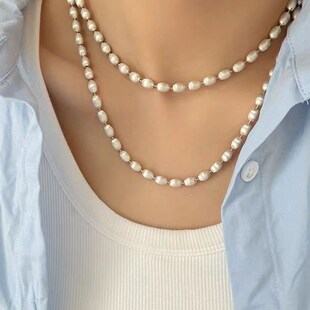 重工拉丝串珠项链女小众高级感轻奢银球叠戴锁骨链长款珍珠毛衣链