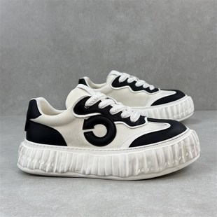 复古圆头溶解厚底板鞋 真皮做旧帆布鞋 新款 小白鞋 小众黑白阔版 美式