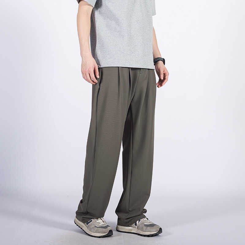 宽松直筒冰丝休闲裤男夏季薄款黑色慵懒风垂感阔腿西裤2024休闲裤