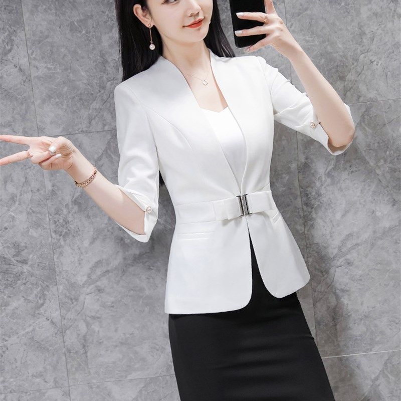 高档中袖套装短裙夏季时尚优雅职业套装女装珠宝店工作服美容院工