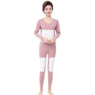 冬季女装保暖衣套装中年人女装纯色套头款秋衣秋裤带贴片护膝护肚