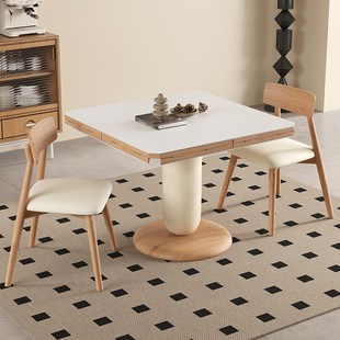 折叠奶油风岩板实木可折叠餐桌椅组合家用小户型靠墙方桌变圆桌