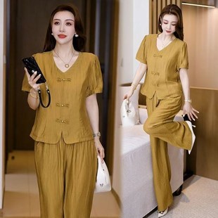 套装 盘扣上衣阔腿裤 女2025夏季 洋气质短袖 两件套 新款 高级妈妈时尚