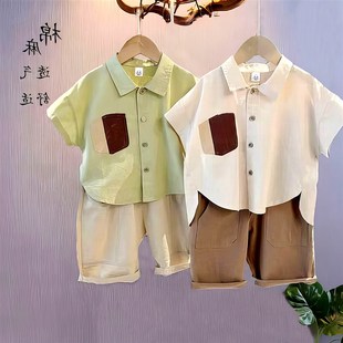 新款 衬衫 男宝宝棉麻短袖 套装 洋气炸街衬衣潮 男.童衬衫 2024夏装