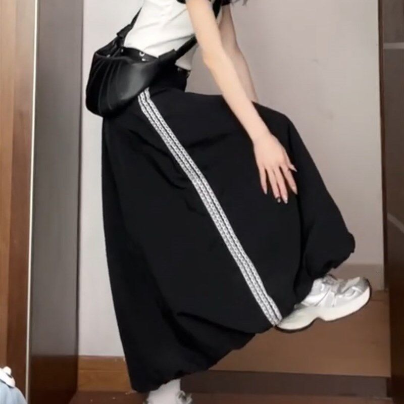 黑色花边条纹工装裙夏季大码胖mm显瘦遮肚长裙梨形身材花苞半身裙