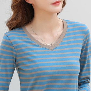 V领条纹纯棉长袖t恤女加大码加肥胖mm遮肚老人上衣中年妈妈打底衫