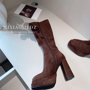 早秋鞋 防水台粗高跟不过膝长靴弹力瘦瘦靴小个子袜靴 子女2024新款