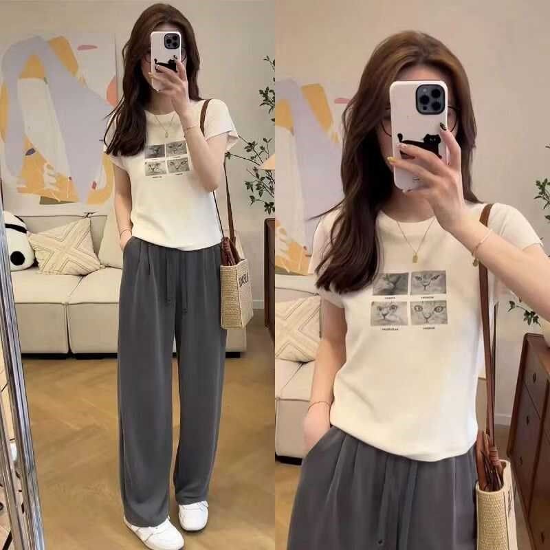 小个子穿搭一整套休闲时尚套装夏装正肩短袖上衣直筒阔腿裤两件套