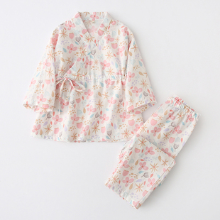 纯棉女孩儿童睡衣家居服亲子款 春夏季 全棉纱布女童和服浴衣套装