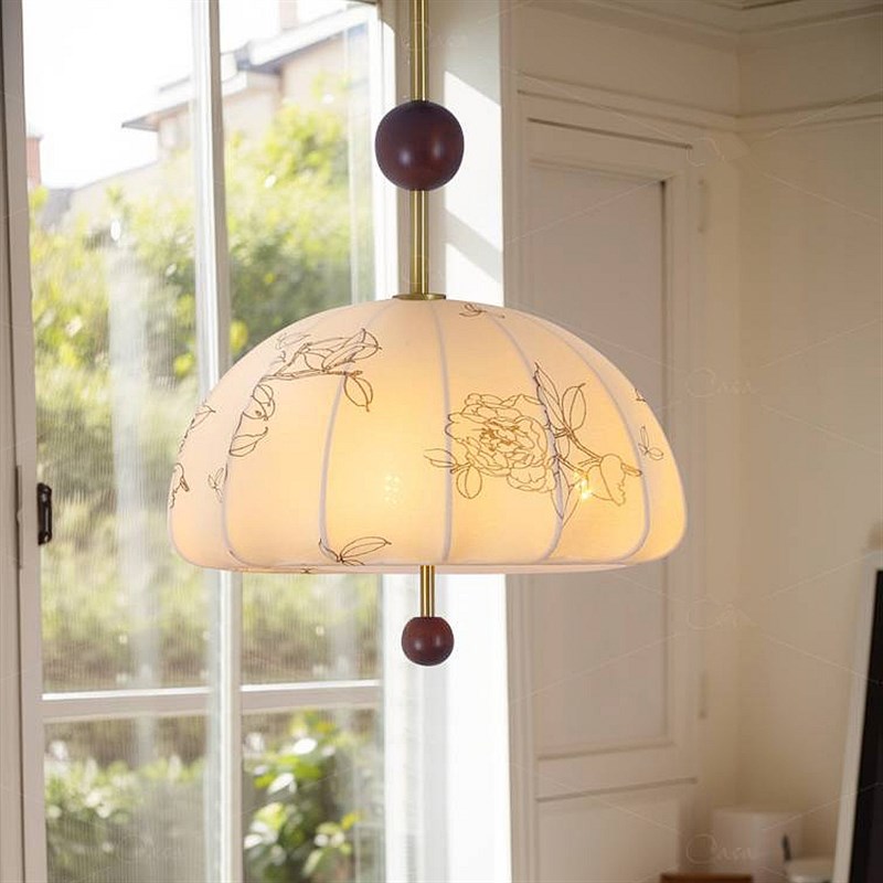 法式复古风实木印花吊灯温馨艺术花纹布艺书房中古卧室衣帽间灯具