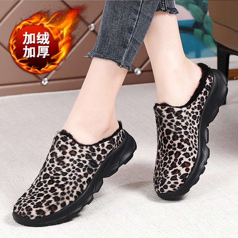 加绒棉拖鞋女大码41一43外穿孕妇鞋冬季妈妈棉鞋防滑豹纹包头半拖