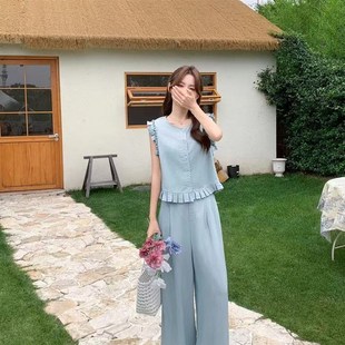 休闲 套装 时尚 圆领无袖 两件 2025耳边马甲夏季 上衣阔腿裤 新款