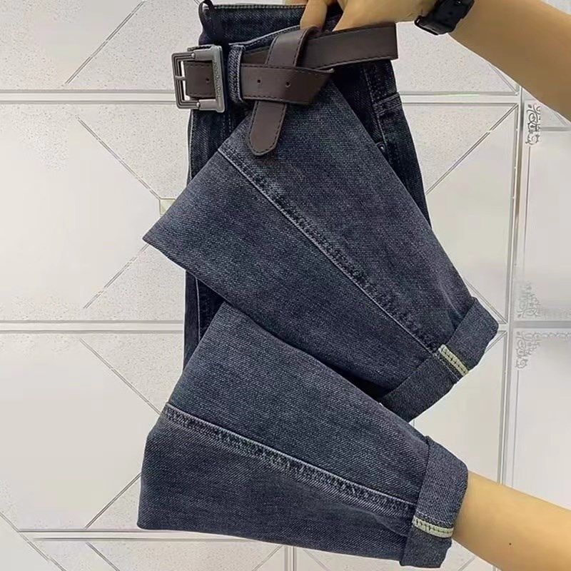 灰蓝色哈伦牛仔裤男款春秋季宽松直筒裤子复古水洗修身小脚九分裤