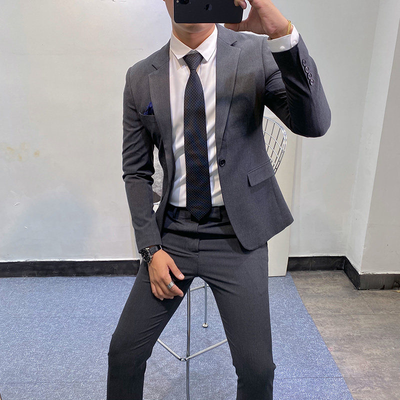 韩版休闲西装男外套潮流修身两件套西服男套装英伦风新郎结婚礼服