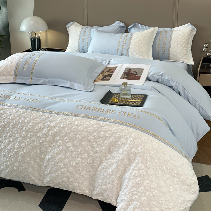 轻奢简约刺绣水洗棉四件套被套全棉纯棉被罩床单床笠款三件套床品