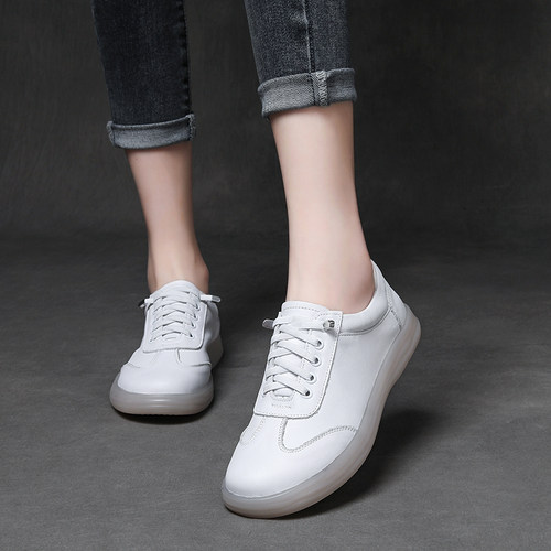 新款舒适百搭春秋小白鞋女防滑牛筋软底真皮女鞋平底休闲板鞋单鞋