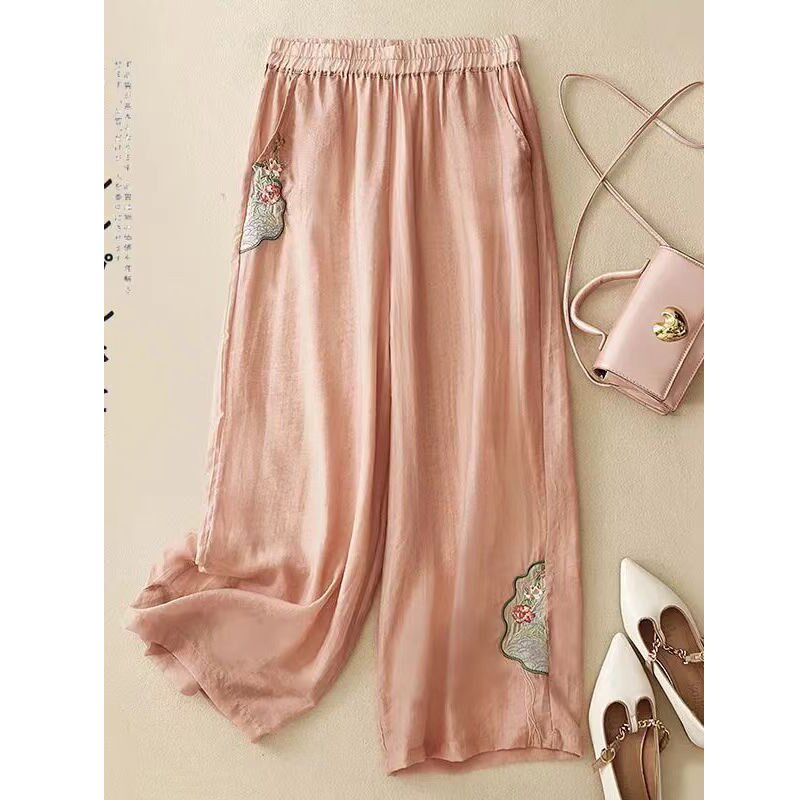 2025夏季棉麻休闲裤女裤薄款复古民族风刺绣阔腿裤百搭显瘦九分裤