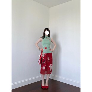 新中式复古时尚气质红色花鸟印花半身裙新款印花无袖上衣通勤套装