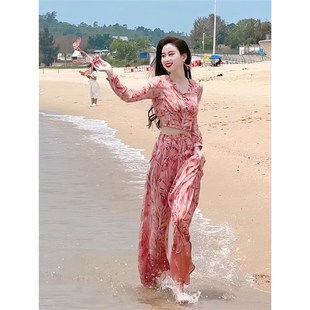 套装 超仙时尚 女 度假风气质碎花两件套洋气显瘦雪纺垂感阔腿裤 新款