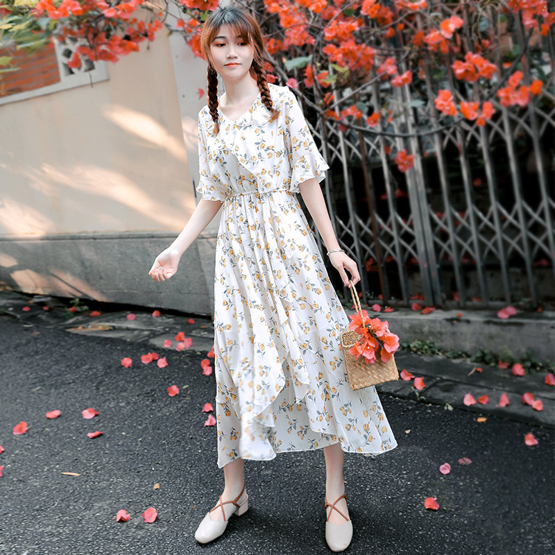 开叉雪纺碎花连衣裙女夏仙气质裙子及踝长款收腰长裙脚踝学生森系