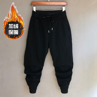 秋冬厚款黑色牛仔裤男加绒加厚弹力九分裤潮流修身小脚哈伦束脚裤